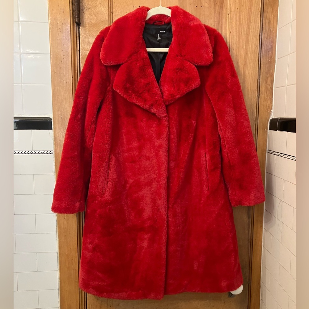 Aqua Red Faux Fur Jacket EUC Size M